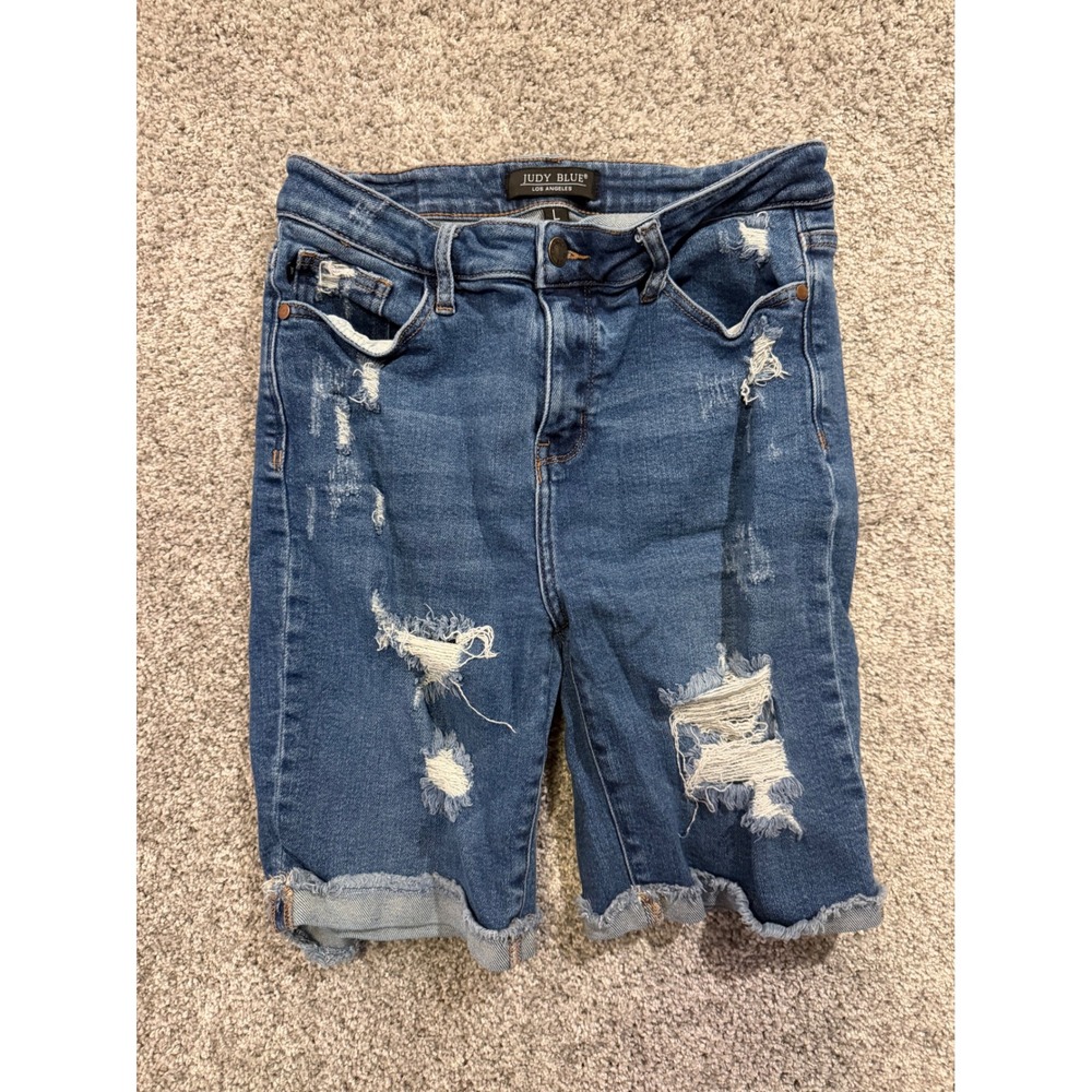 Judy Blue Denim Shorts Womens L Blue JB150045 Distressed Frayed Bermuda Stretch